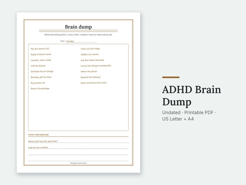 The Brain dump page of the ADHD Brain Dump, filled in with sample entries.