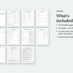 What's included in the ADHD Planner: thumbnails of every page. 10 printable pages; US Letter + A4 PDFs; 4 colour sets: Soft, Sage, Warm and Mono; Instant download.