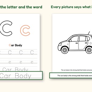 Car Coloring Pages | ABC Letter & Word Tracing for Kids Ages 4-8 (Digital PDF): Trace the letter and the word; Every picture says what it does