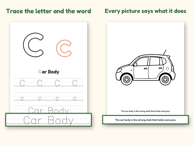 Car Coloring Pages | ABC Letter & Word Tracing for Kids Ages 4-8 (Digital PDF): Trace the letter and the word; Every picture says what it does