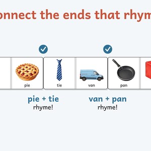 Rhyming Dominoes Game, Preschool and Kindergarten Phonics Printable, 28 Picture Rhyme Match Pieces, Ages 4-6, US Letter + A4 PDF: Preview 2: dominoes connected rhyme to rhyme