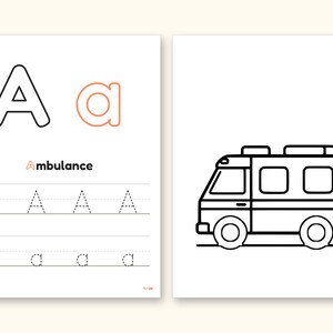 Truck Coloring Pages | ABC Letter Tracing for Kids Ages 2-4 (Digital PDF): pages 3 and 4 side by side