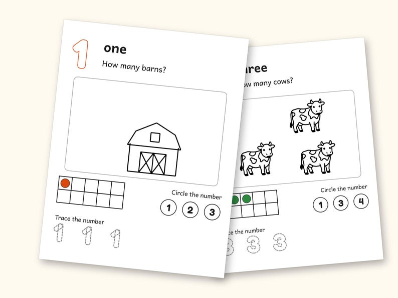 Counting Worksheets | Farm Ten Frame Mats for Preschool Ages 3-5 (Digital PDF): cover and an inside page