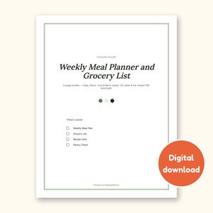 Meal Planner | Grocery List for Home Cooks (PDF + Excel): cover of the printable PDF, a digital download