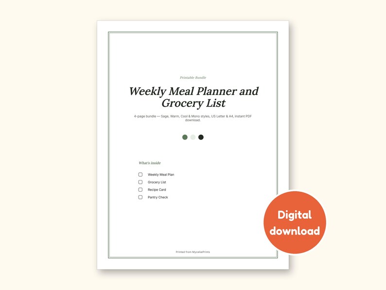 Meal Planner | Grocery List for Home Cooks (PDF + Excel): cover of the printable PDF, a digital download