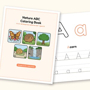 Nature Coloring Pages | ABC Letter Tracing for Kids Ages 2-5 (Digital PDF): cover and an inside page