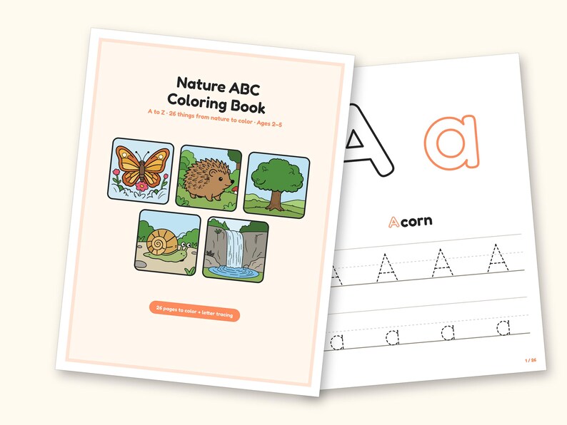 Nature Coloring Pages | ABC Letter Tracing for Kids Ages 2-5 (Digital PDF): cover and an inside page