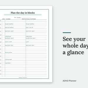 See your whole day at a glance The Plan the day in blocks page of the ADHD Planner, filled in with sample entries.