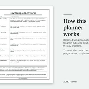 The How this planner works page of the ADHD Planner. Designed with planning techniques taught in published adult ADHD therapy programs. Those studies tested therapist-led programs, not this planner.