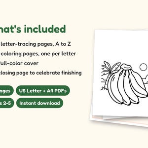 Fruits and Vegetables Coloring Book - ABC Letter Tracing Printable PDF for Kids Ages 2-5: what's included -- 55 pages, US Letter + A4 PDFs, Ages 2-5, Instant download