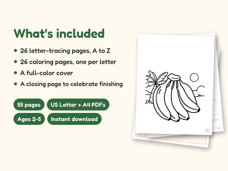 Fruits and Vegetables Coloring Book - ABC Letter Tracing Printable PDF for Kids Ages 2-5: what's included -- 55 pages, US Letter + A4 PDFs, Ages 2-5, Instant download
