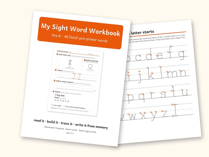 Sight Word Worksheets | Pre-K Dolch Workbook for Ages 4-5 (Digital PDF): cover and an inside page