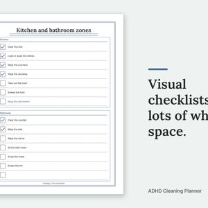 Visual checklists, lots of white space. The Kitchen and bathroom zones page of the ADHD Cleaning Planner, filled in with sample entries.