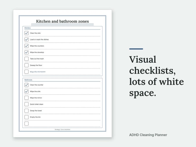 Visual checklists, lots of white space. The Kitchen and bathroom zones page of the ADHD Cleaning Planner, filled in with sample entries.