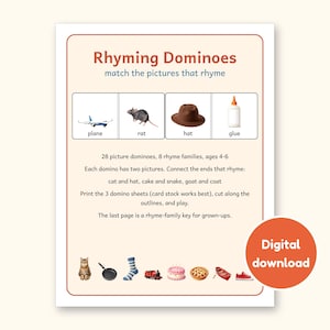 Rhyming Dominoes Game, Preschool and Kindergarten Phonics Printable, 28 Picture Rhyme Match Pieces, Ages 4-6, US Letter + A4 PDF: cover of the printable PDF, a digital download