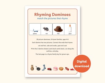 Domino-Spiel mit Reimen, Vorschul- und Kindergarten-Übungsmaterial mit 28 passenden Bildreim-Spielsteinen, 4–6 Jahre, US Letter + A4 PDF