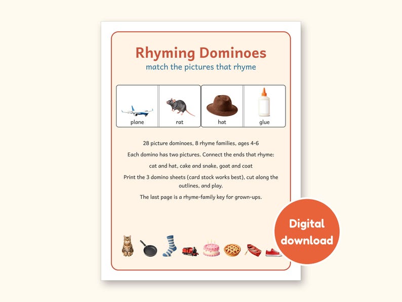 Rhyming Dominoes Game, Preschool and Kindergarten Phonics Printable, 28 Picture Rhyme Match Pieces, Ages 4-6, US Letter + A4 PDF: cover of the printable PDF, a digital download