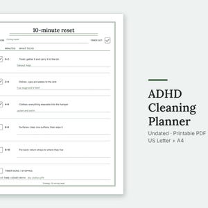 The 10-minute reset page of the ADHD Cleaning Planner, filled in with sample entries.