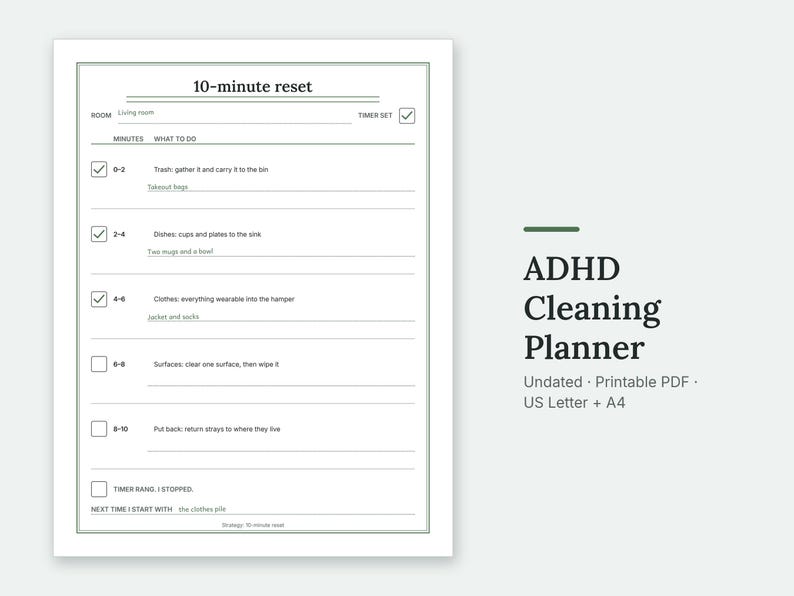 The 10-minute reset page of the ADHD Cleaning Planner, filled in with sample entries.