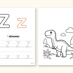 Dinosaur Coloring Pages | Detailed Scenes ABC Tracing for Ages 4-8 (Digital PDF): pages 53 and 54 side by side