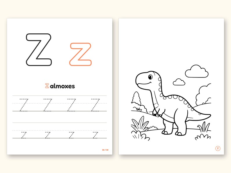 Dinosaur Coloring Pages | Detailed Scenes ABC Tracing for Ages 4-8 (Digital PDF): pages 53 and 54 side by side