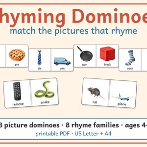 Rhyming Dominoes Game, Preschool and Kindergarten Phonics Printable, 28 Picture Rhyme Match Pieces, Ages 4-6, US Letter + A4 PDF: Cover