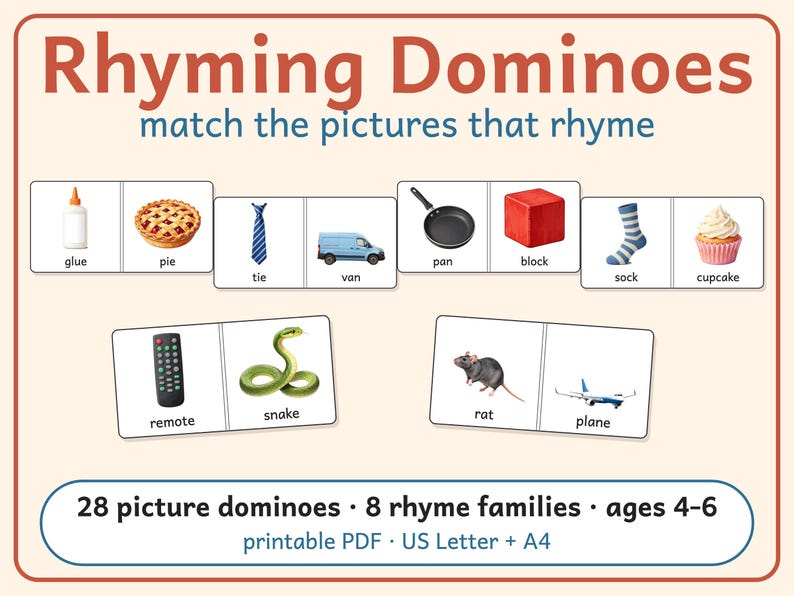 Rhyming Dominoes Game, Preschool and Kindergarten Phonics Printable, 28 Picture Rhyme Match Pieces, Ages 4-6, US Letter + A4 PDF: Cover