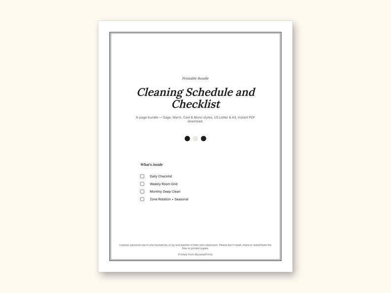 Cleaning Schedule | Daily Checklist and Weekly Room Grid (PDF + Excel): sample page 16 of 20