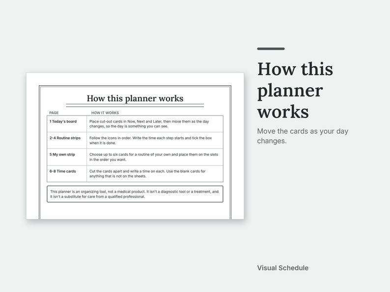 The How this planner works page of the Visual Schedule. Move the cards as your day changes.