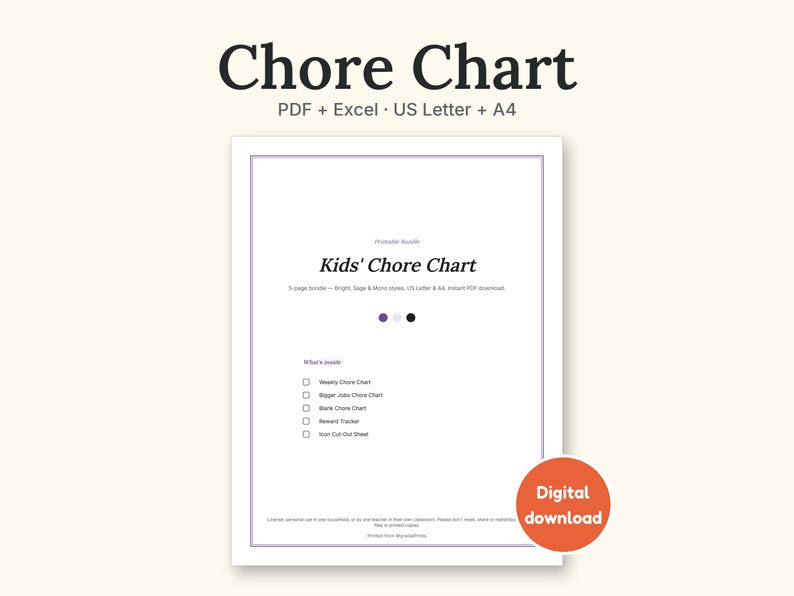 Chore Chart | Reward Tracker and Cut-Out Icons for Busy Families (PDF + Excel): cover of the printable PDF, a digital download