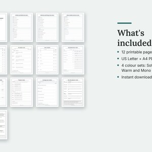 What's included in the ADHD Cleaning Planner: thumbnails of every page. 12 printable pages; US Letter + A4 PDFs; 4 colour sets: Soft, Sage, Warm and Mono; Instant download.