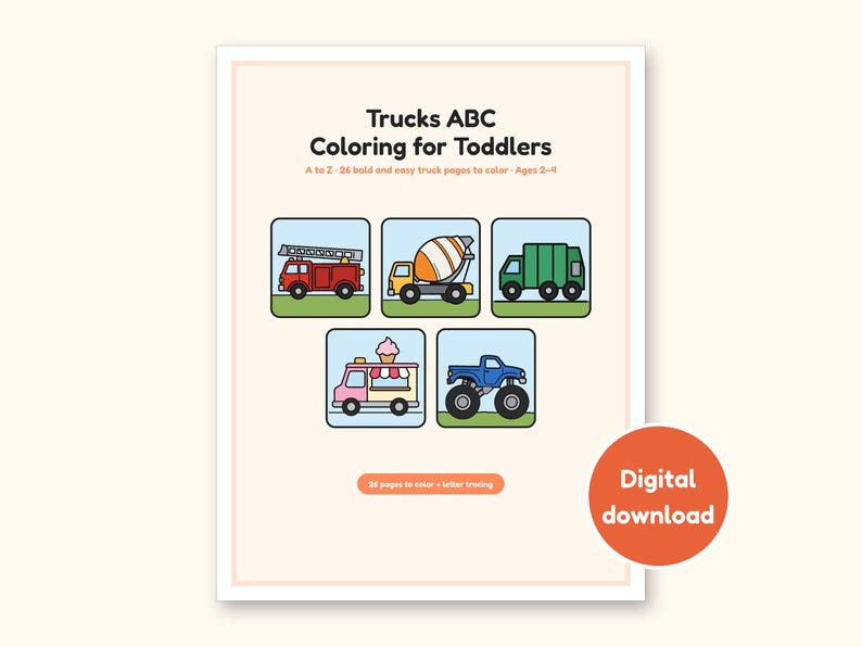 Truck Coloring Pages | ABC Letter Tracing for Kids Ages 2-4 (Digital PDF): cover of the printable PDF, a digital download