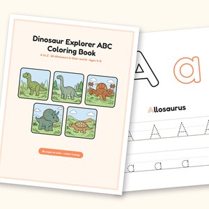 Dinosaur Coloring Pages | Detailed Scenes ABC Tracing for Ages 4-8 (Digital PDF): cover and an inside page