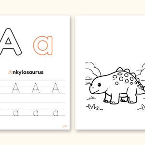 Dinosaur ABC Coloring Book, Letter Tracing, Ages 2-5 (Digital PDF): pages 3 and 4 side by side