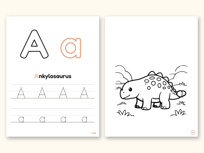 Dinosaur ABC Coloring Book, Letter Tracing, Ages 2-5 (Digital PDF): pages 3 and 4 side by side