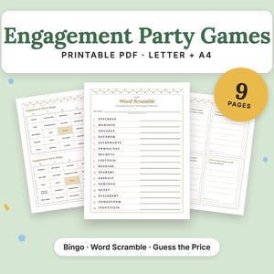 Engagement Party Games Printable PDF · Letter + A4: cover showing a fan of real inside pages, 9 pages. Bingo, Word Scramble, Guess the Price.
