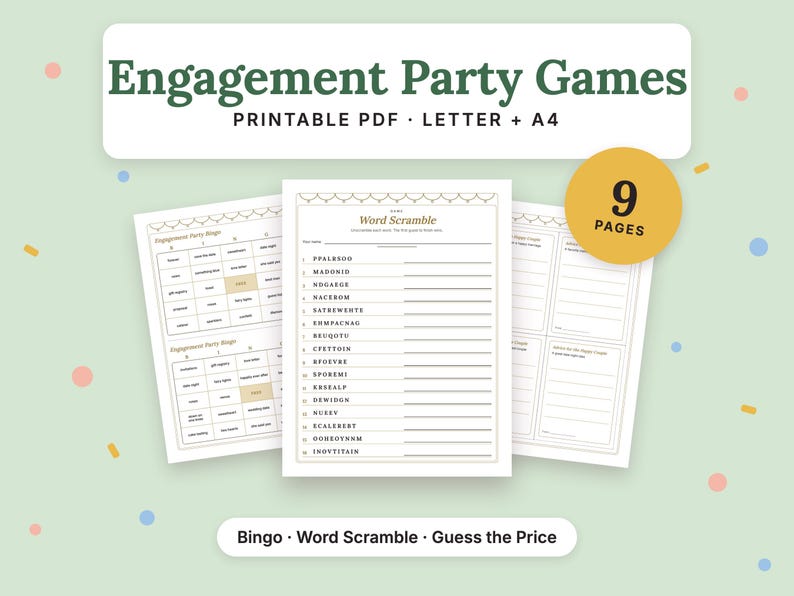 Engagement Party Games Printable PDF · Letter + A4: cover showing a fan of real inside pages, 9 pages. Bingo, Word Scramble, Guess the Price.