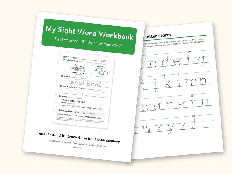 Sight Word Worksheets | Kindergarten Dolch Workbook for Ages 5-6 (Digital PDF): cover and an inside page
