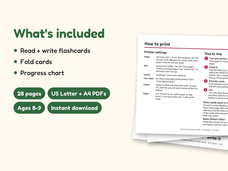 Sight Words | 3rd Grade Dolch Flashcards for Ages 8-9 (Digital PDF): what's included -- 28 pages, US Letter + A4 PDFs, Ages 8-9, Instant download