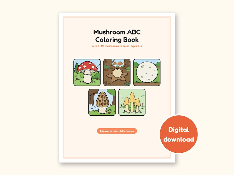 Mushroom Coloring Pages | ABC Letter Tracing for Kids Ages 2-5 (Digital PDF): cover of the printable PDF, a digital download