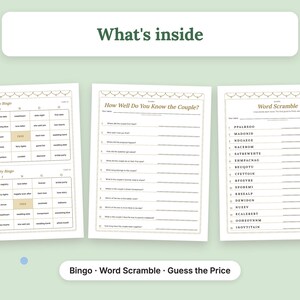 Engagement Party Games Printable PDF · Letter + A4: what's inside, three real pages from the file. Bingo, Word Scramble, Guess the Price.