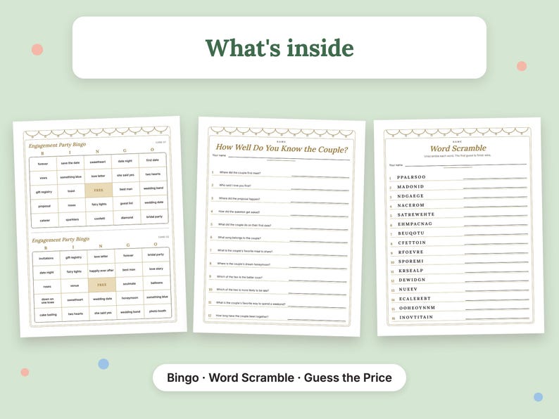Engagement Party Games Printable PDF · Letter + A4: what's inside, three real pages from the file. Bingo, Word Scramble, Guess the Price.