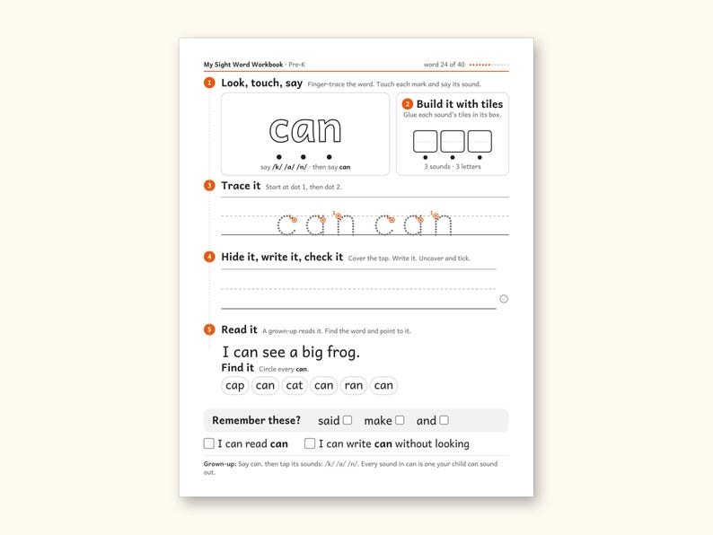 Sight Word Worksheets | Pre-K Dolch Workbook for Ages 4-5 (Digital PDF): sample page 33 of 58