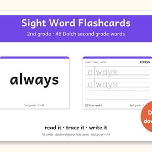 Sight Words | 2nd Grade Dolch Flashcards for Ages 7-8 (Digital PDF): cover of the printable PDF, a digital download