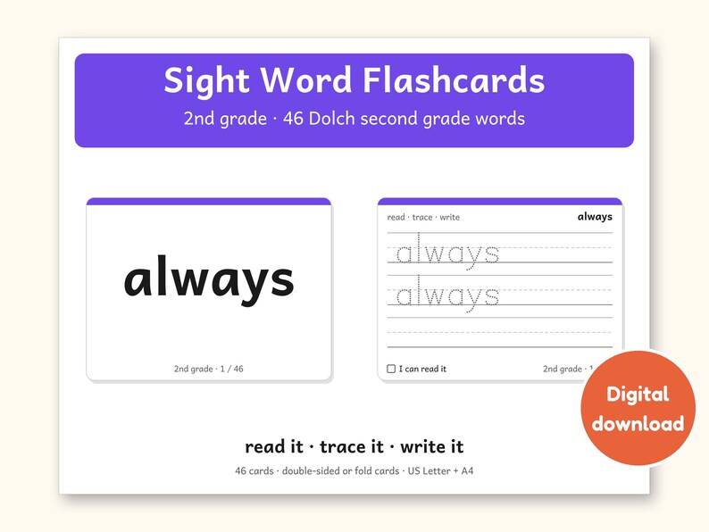 Sight Words | 2nd Grade Dolch Flashcards for Ages 7-8 (Digital PDF): cover of the printable PDF, a digital download