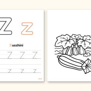 Fruits and Vegetables Coloring Book - ABC Letter Tracing Printable PDF for Kids Ages 2-5: pages 53 and 54 side by side