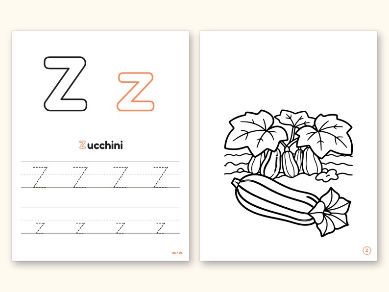 Fruits and Vegetables Coloring Book - ABC Letter Tracing Printable PDF for Kids Ages 2-5: pages 53 and 54 side by side