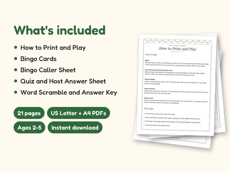 Baby Shower Games | Bingo Cards for Hosts (Digital PDF): what's included -- 21 pages, US Letter + A4 PDFs, Ages 2-5, Instant download