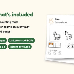 Counting Worksheets | Farm Ten Frame Mats for Preschool Ages 3-5 (Digital PDF): what's included -- 10 pages, US Letter + A4 PDFs, Ages 3-5, Instant download