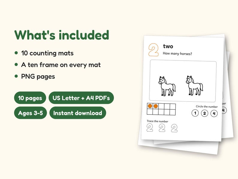 Counting Worksheets | Farm Ten Frame Mats for Preschool Ages 3-5 (Digital PDF): what's included -- 10 pages, US Letter + A4 PDFs, Ages 3-5, Instant download
